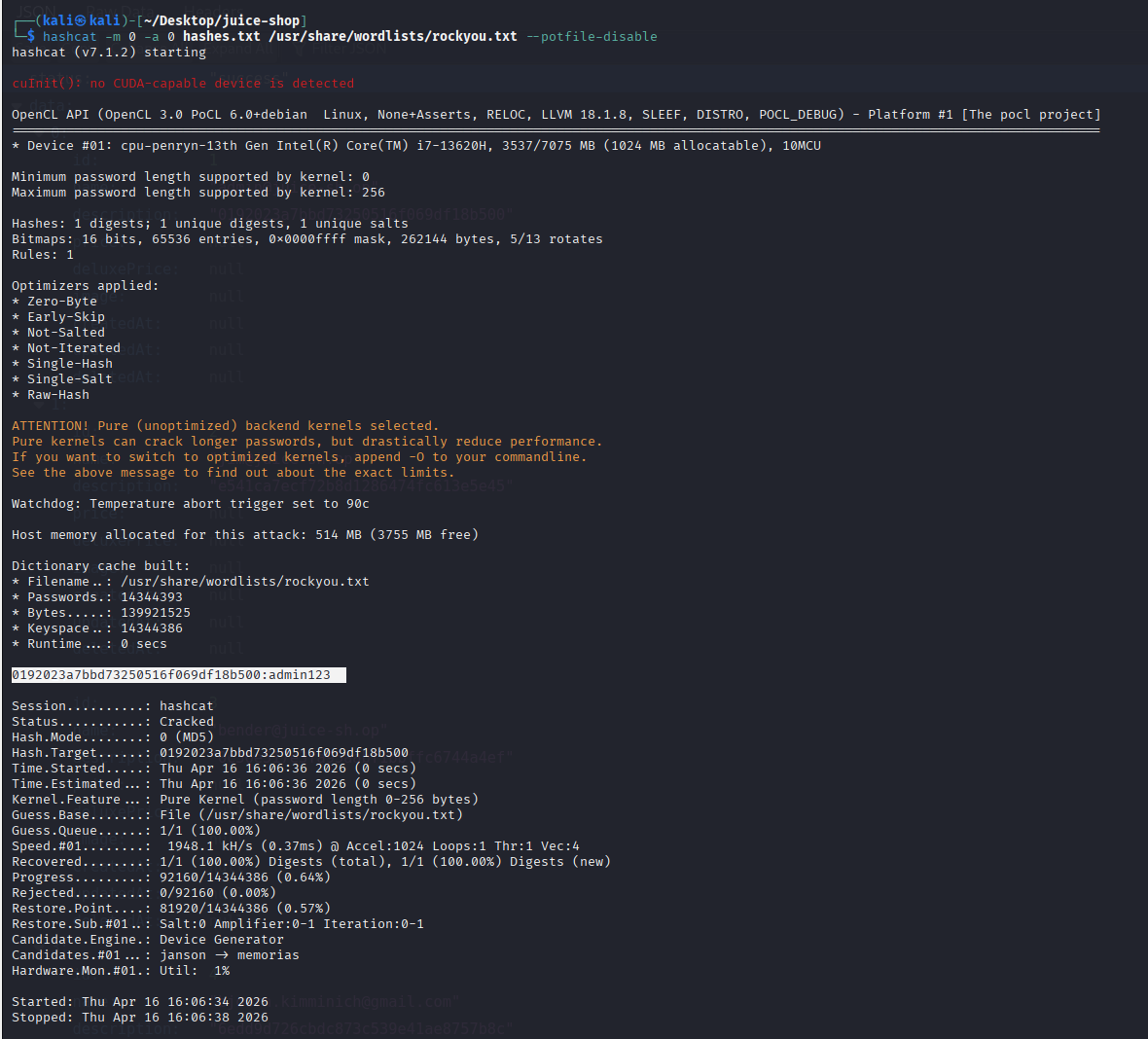 hashcat output showing cracked password