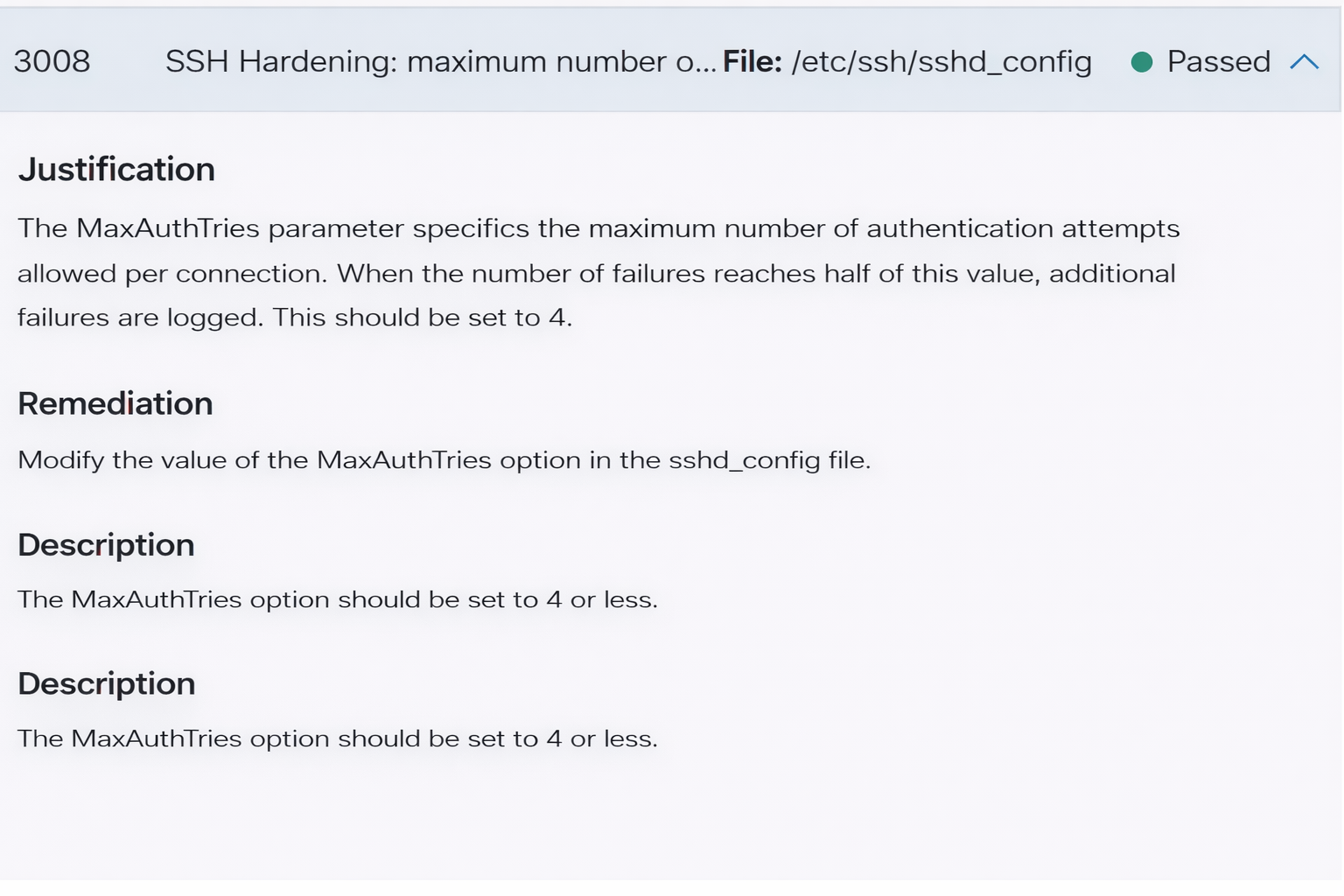 Rule 3008 — SSH MaxAuthTries hardening (shown post-remediation as Passed)