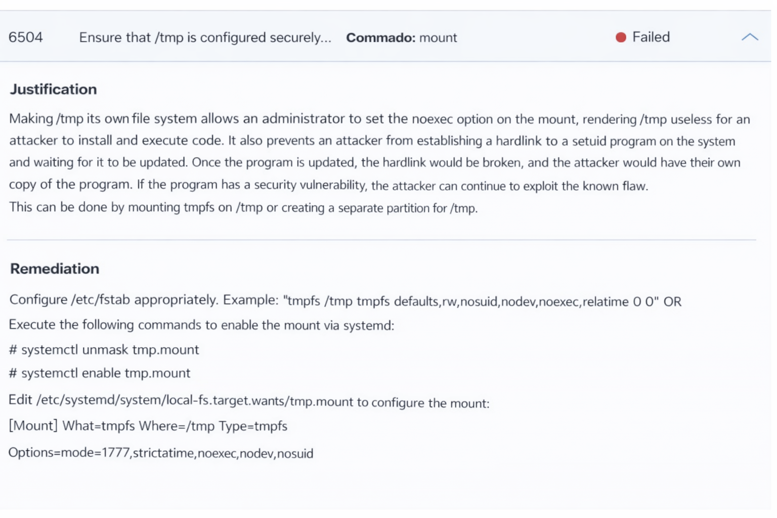 Rule 6504 — /tmp configuration failure with remediation guidance