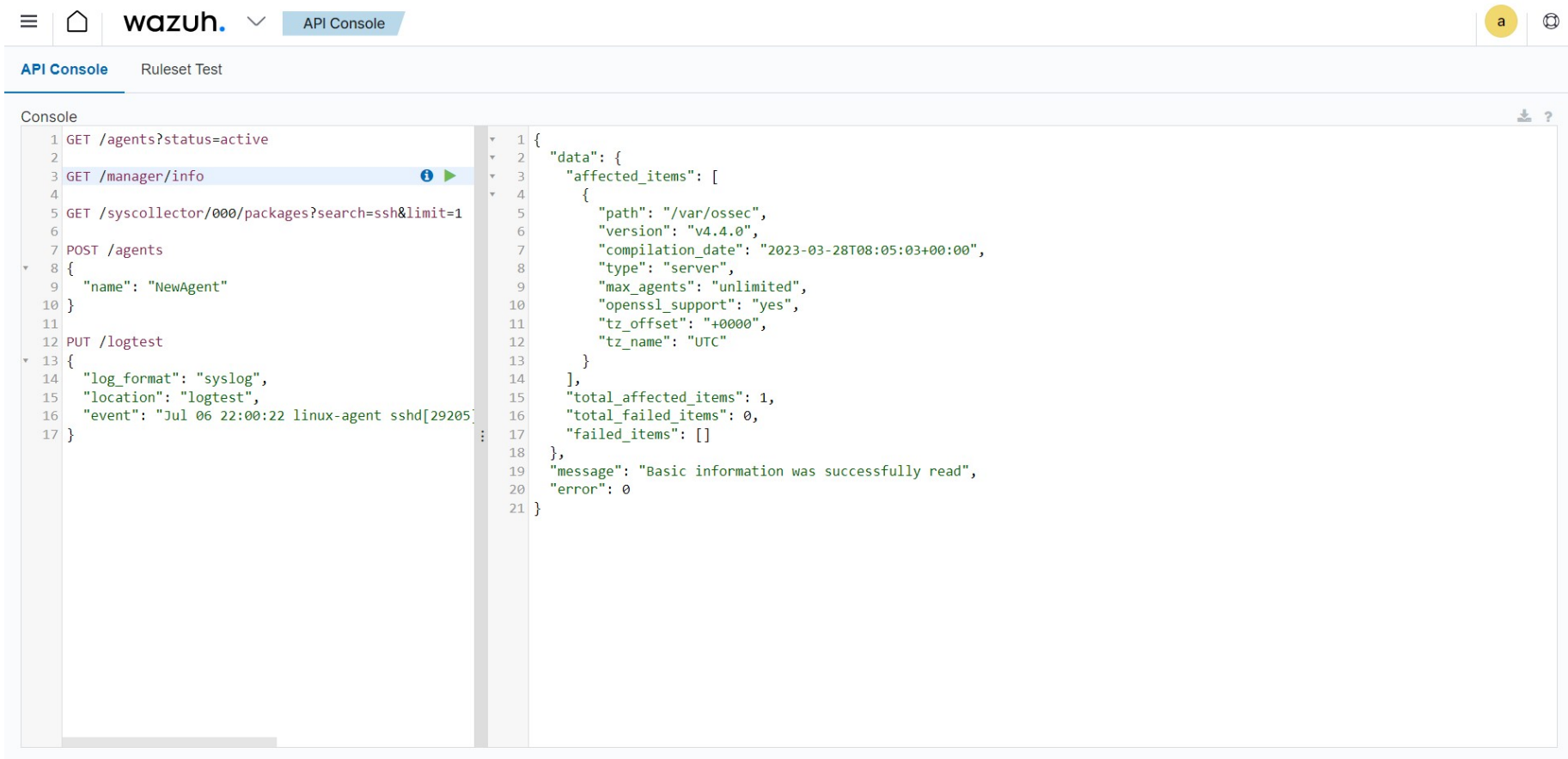 Wazuh API console demonstrating real-time platform queries